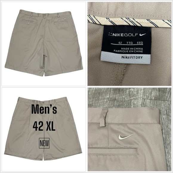 Men’s Nike 42 XL Golf Pleated Shorts Chino Khakis Khaki Tan Dri Fit Casual New - Picture 1 of 11